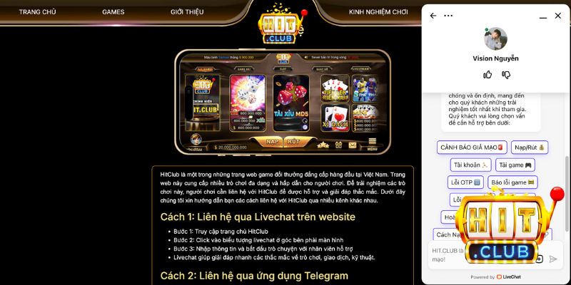 Đội ngũ của Hit Club hỗ trợ người chơi 24/7